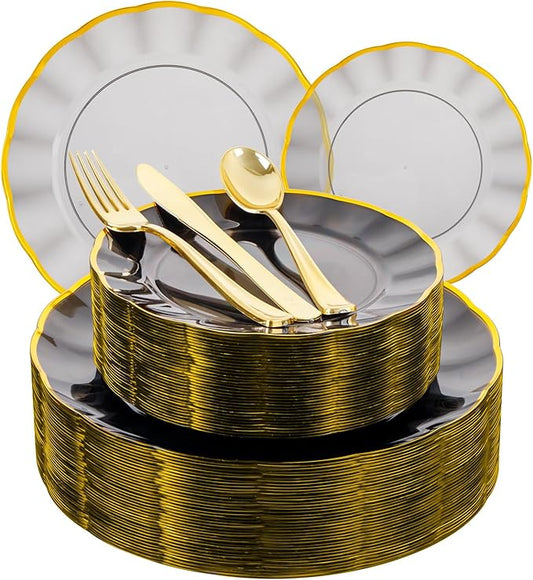 EI 150pcs Clear Black Dinnerware Set,Clear Black Fancy Plastic Plates with Gold Rimmed and Gold Plastic Silverware,Heavy Duty Party Plates Disposable for Afternoon Tea,Business Events,Hotel Banquets