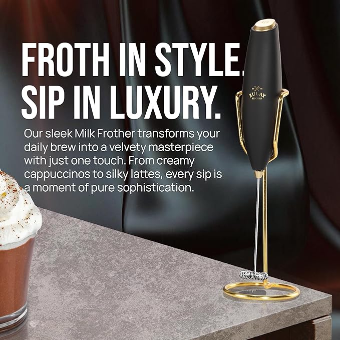 Zulay Kitchen Executive Series Luxury Gift Milk Frother with 4 Duracell Batteries ??Handheld Electric Foam Maker for Coffee, Lattes & Hot Chocolate ??Deluxe Finish, Ultimate Gift for Coffee Lovers