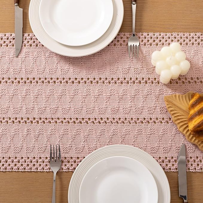 Socomi Boho Table Runner Valentine's Day Farmhouse Rustic Dining Kitchen Centerpiece Decor Small Macrame Woven Cotton Linen Coffee Table Runner for Dresser Scarf Home Decor 12x60 in Pink