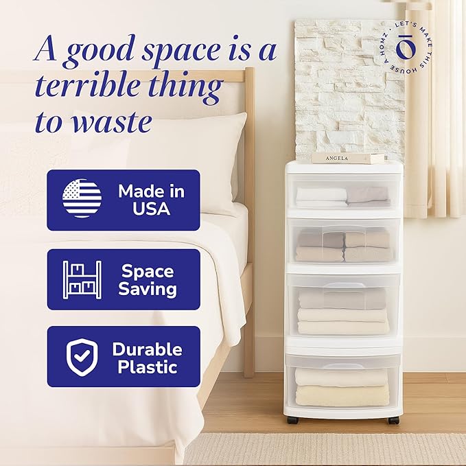 HOMZ Drawer Tower, 4-Tier Clear Plastic Storage Organizer Cart, White Frame ??Rolling Containers with Wheels for Bathroom, Bedroom, Office, and Classroom Organization