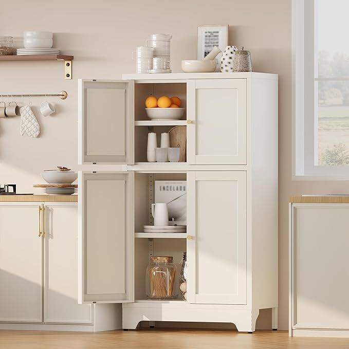 43" H Metal White Pantry Cabinets with Doors,Small Kitchen Pantry Cabinet,Small Storage Cabinets,Food Pantry Cabinet with 4 Doors and Shelves for Kitchen and Dining Room