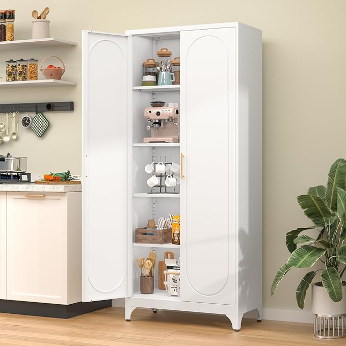 75??Tall Kitchen Pantry Cabinet,Metal Storage Cabinet with Doors and Adjustable Shelves,Modern Kitchen Hutch Cabinets,Freestanding Cupboard for Dining Living Room