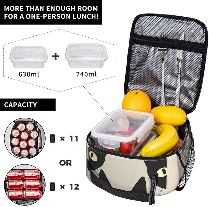 VANZEV Black Cat Lunch Box for Adults Women Girls Boys Kids Funny Cat Lunch Box Insulated Cooler Reusable Lunch Bag Container Gifts for Work Office Picnic Travel School