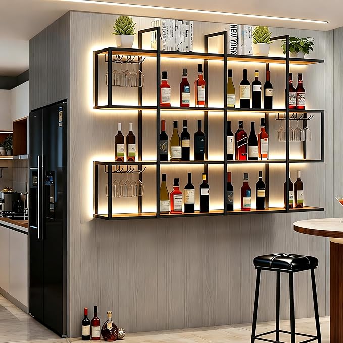 71IN Large Wall Mounted Wine Rack with LED Light, Metal 4 Tier Floating Wine Shelf with Glass Holder, Modern Hanging Bar Liquor Bottles Storage Rack for Home Bar Dining Room Decorative (70.8in/180cm)