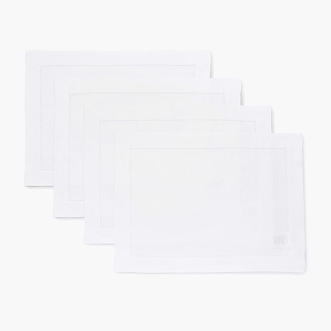 Solino Home Linen Placemats Set of 4 - Classic Hemstitch White Placemats 14 x 19 Inch - 100% Pure Linen Table Mats for Winter, Valentines, Spring, Easter