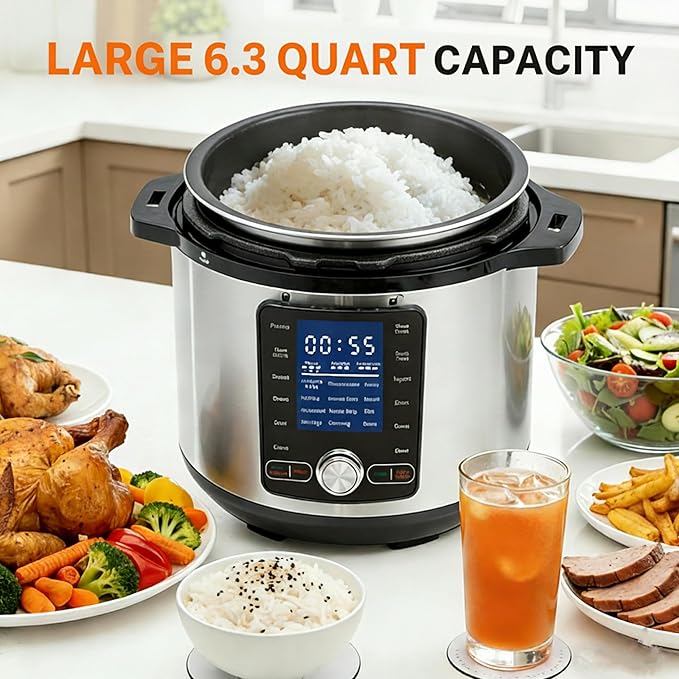 Simple Deluxe Electric Pressure Cooker 6.3 Quart, 24-in-1 Stainless Steel & Non-Stick Multi Cooker for Slow Cooking, Yogurt, Steam, Rice, Poultry, Beef, Bake, Porridge, Dishwasher Safe, Silver