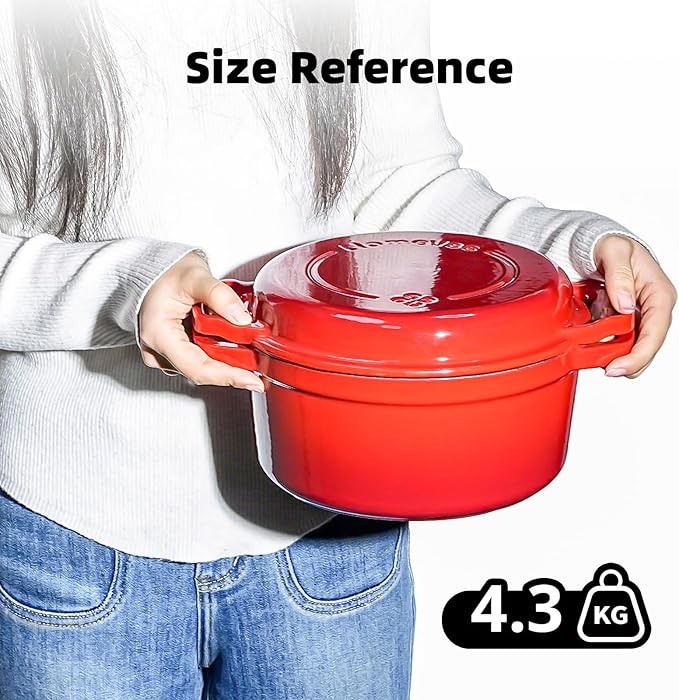 2-in-1 Enameled Cast Iron Braiser Pan with Grill Lid - 5-Quart Small Dutch Oven, Non-Stick Cookware Multi Cooker for Bread Baking Cooking Stewing, Suit for All Cooktops, Dual Handles & Oven Safe, Red