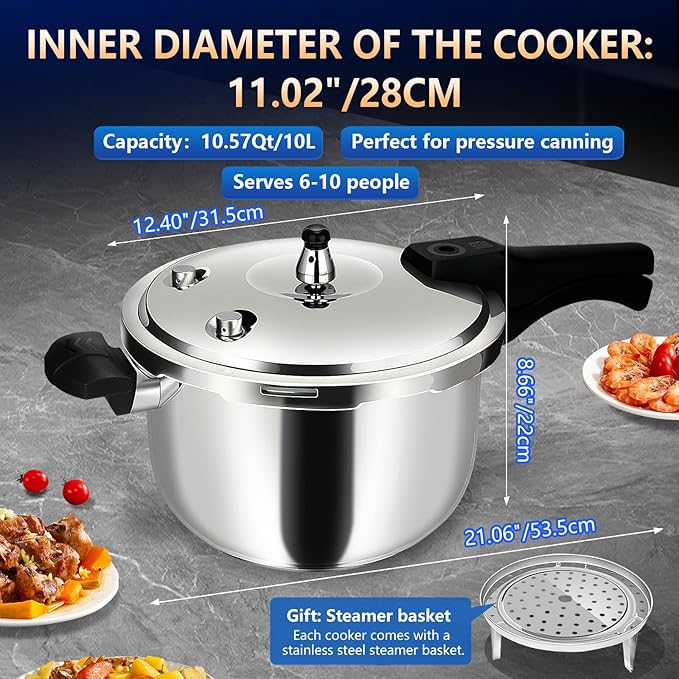 Pressure Cooker Stainless Steel pressure cooker 10.57 quart Commercial Stove Top Pressure Cooker Pot, Compatible with Gas & Induction Cooker 10.57+ quart for canning stainless steel large