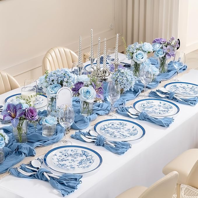 EI 60pcs Blue and White Floral Plastic Plates Fancy Blue Floral Disposable Heavy Duty,10.25inch Dinner Plate and 7.5inch Dessert Plate,Disposable Nice Plastic Plates for Party,Wedding(Value,Elegant )