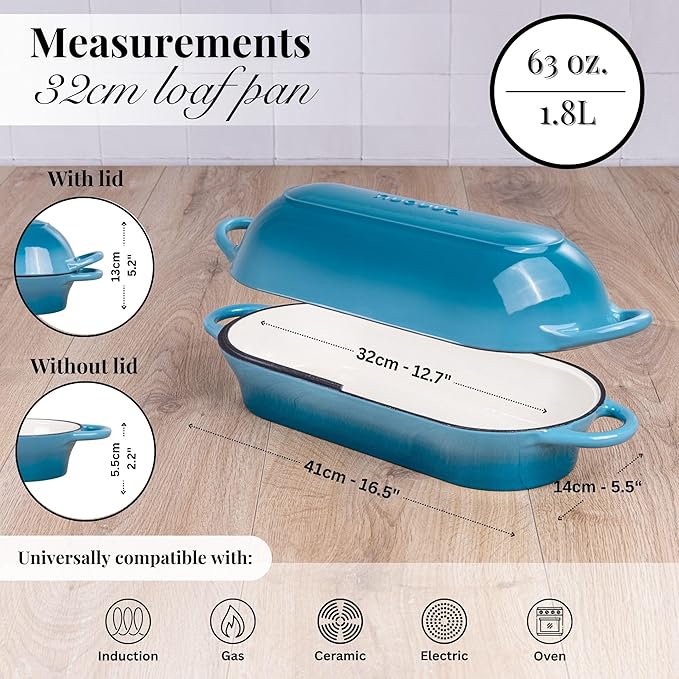 Enamelled Cast Iron Bread Loaf Pot ??Dutch Oven For Sourdough Bread Baking ??Oven Safe Non Stick Bread Pot ??Rectangular, Light Blue, 34cm x 16cm ??by Nuovva