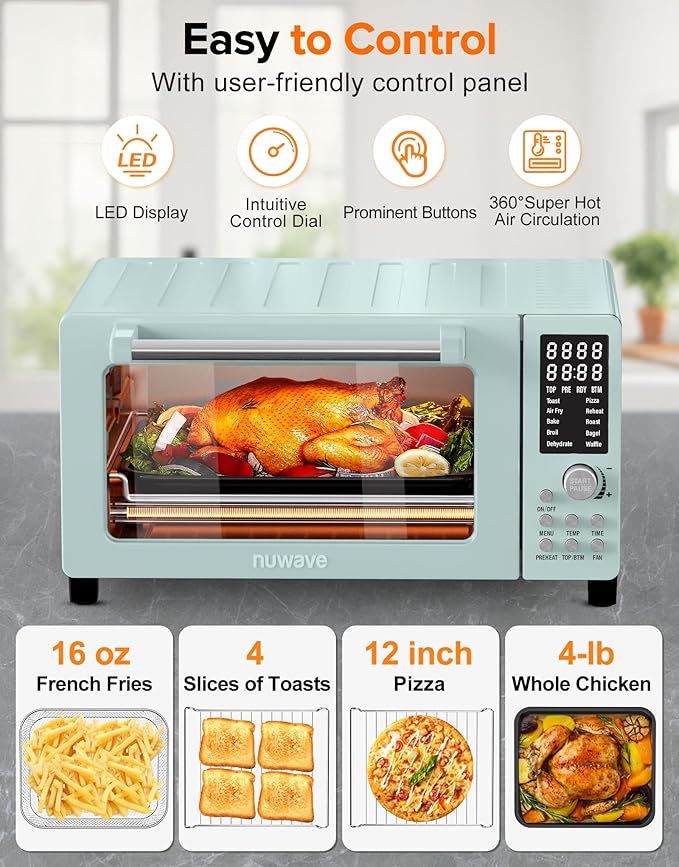 Nuwave Bravo Pro Smart Air Fryer Toaster Oven Combo, Airfryer Convection Oven Countertop, 10-in-1 Functions with Quicker & Even Crisp Technology, 1800W, 50-450째F, PFAS-Free, 21QT, Mint