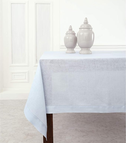 Solino Home Light Blue Linen Tablecloth 52 x 52 Inch - 100% Pure Linen Square Table Throw - Classic Hemstitch, Machine Washable Table Cloth for Winter, Spring, Easter