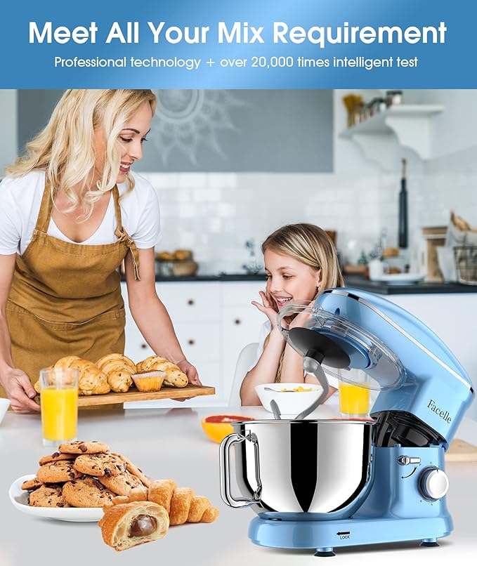 Facelle Stand Mixer, Electric Kitchen Mixer, 660W 6 Speed Tilt-Head stand mixer with Pulse, Attachments include 6.5QT Bowl, Dishwasher Safe Beater,Dough Hook,Whisk for Dough,Baking,Cakes,Cookie-Blue