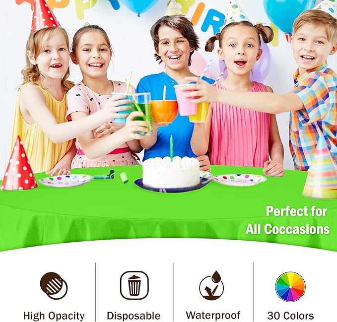 Party Solids 6-Pack Premium Plastic Tablecloth 84in. Round Plastic Table Cover - Lime Green