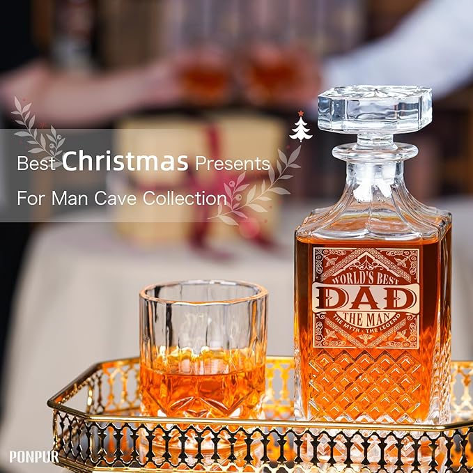 PONPUR Gifts for Men Dad, Whiskey Decanter Set with 2 Glasses with Wooden Box, Unique Dad Birthday Gift from Daughter Son, Best Dad Father Husband Presents for Anniversary Christmas