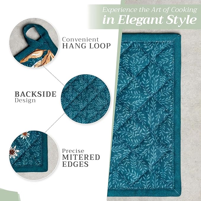 Maison d' Hermine Pot Holders 100% Cotton Heat Resistant Potholders 8" x 8" Hot Pads with Loop for Thanksgiving Christmas Decorations Baking Handling Hot Pans (Pack of 1, Luxury Loft - Dark Teal)