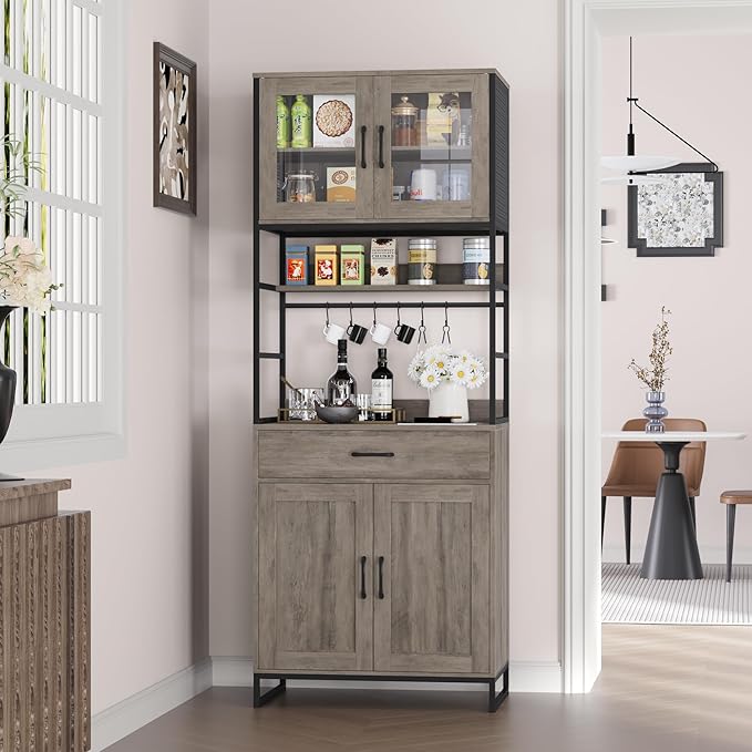 Hutch Cabinet with Storage, 71" H Kitchen Pantry Storage Cabinet with Microwave Stand, Hooks, Drawers for Home Bar, Kitchen, Dining Room, Industrial
