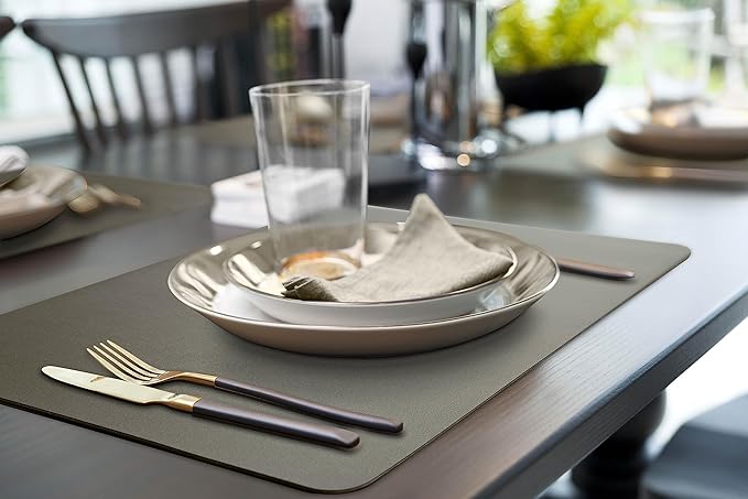 More D챕cor Faux Leather Placemats Set of 6 for Dining Table ??Waterproof, Wipeable, Washable, Stain & Heat Resistant, Non-Slip Table Mats ??12 X 17 Inch, (Solid Dark Grey, 6)
