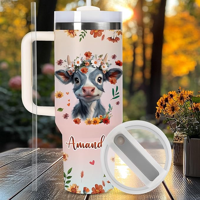 AGGLOMEKC Personalized Cute Cow Cup - Mother's Day Birthday Gift For Animal Lovers - Just A Girl Who Loves Highland Cows Tumbler 40oz With Custom Name - Pet Lover Gifts For Women, Her
