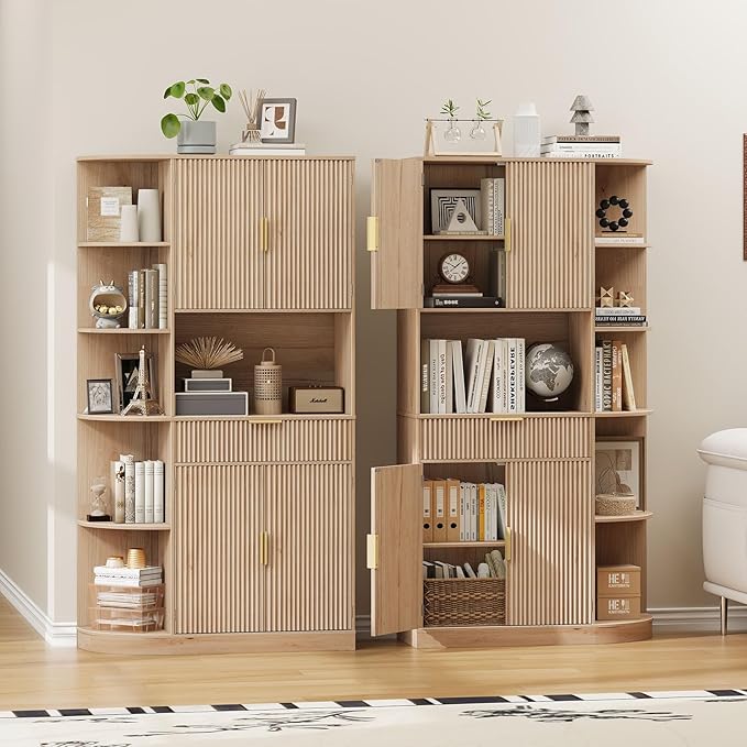 Vabches Kitchen Pantry Cabinet with 5 Side-Opening Storage cabinets, Pull Out Drawers, 2 Fluted Doors and Adjustable Shelves, Wood Hutch Cabinet with Storage for Kitchen, Dining Room and Living Room