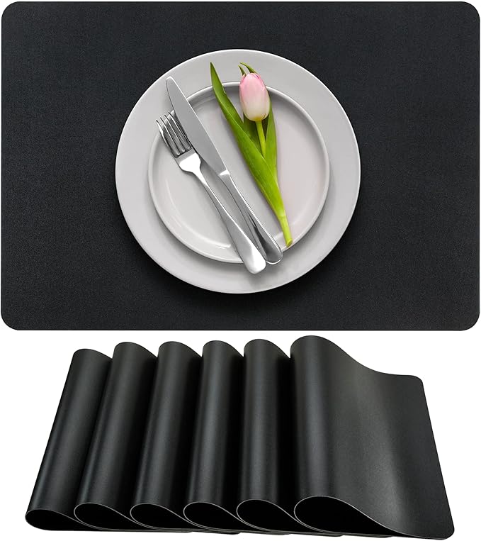 More D챕cor Faux Leather Placemats Set of 6 for Dining Table ??Waterproof, Wipeable, Washable, Stain & Heat Resistant, Non-Slip Table Mats ??12 X 17 Inch (Solid Black, 6)