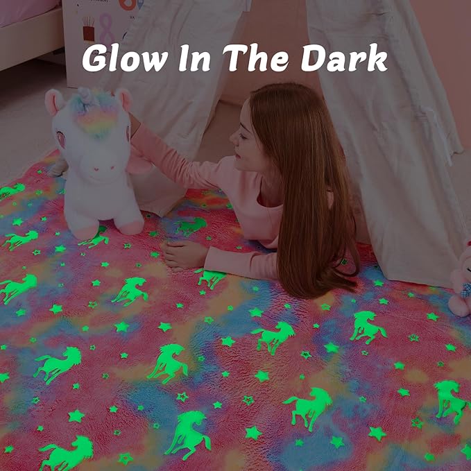 QSTEHEML Unicorns Glow in The Dark Blanket,Unicorn Gifts Sherpa Fleece Throw Blanket for Girls Age 3-12 Year Old, for Teens- Christmas Birthday Bedroom Decor 50"횞60"