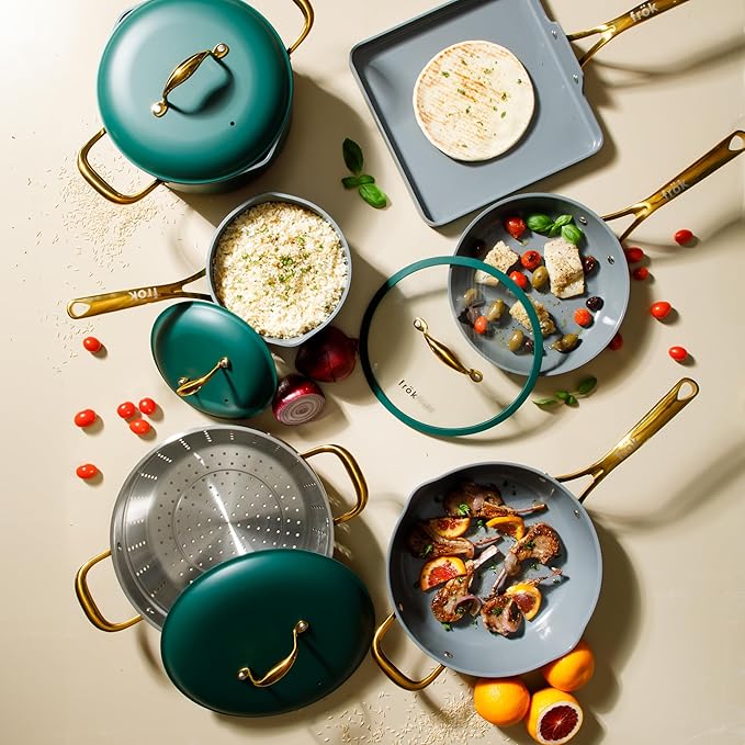 Frok 10 Piece Pots and Pans 4MM Thick Quick Heat Aluminum Cookware Set w/Premium PFA Free Ceramic Nonstick Interior Heat Resistant Exterior - Induction - Green & Gold