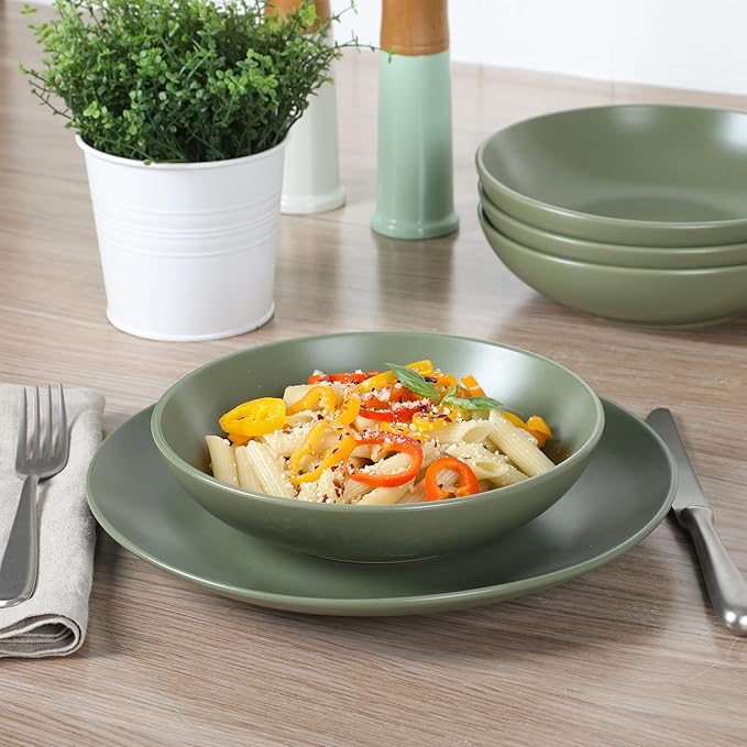 Gibson Home Queenslane 16-Piece Matte Green Stoneware Dinnerware Set ??Double Bowl Plates and Bowls, Durable Kitchen Dinner Set