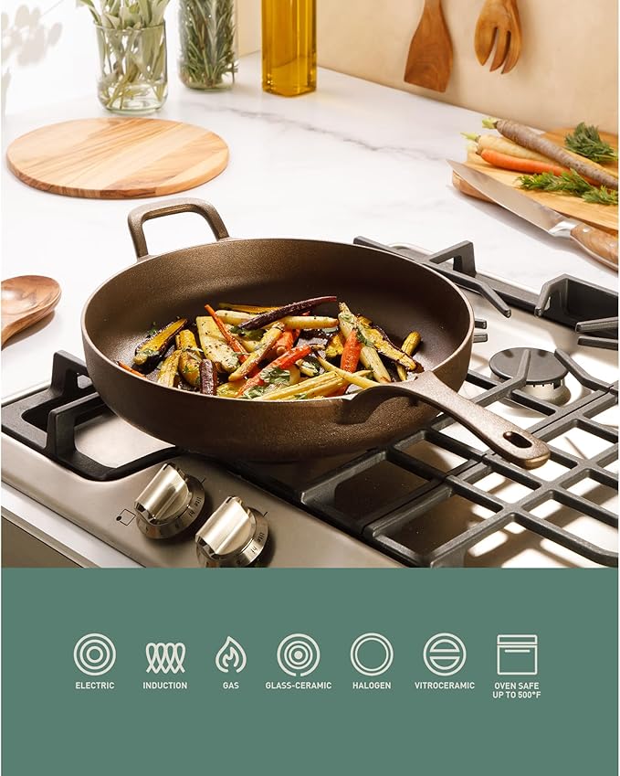 Bloomhouse - Two Time Oprah's Favorite Things Winner - Natural Bronze Finish 10" Cast Iron Skillet w/Long Handle, Helper Handle & Olive Wood Trivet ??Olive Oil Treated Fry Pan, Oven & Stovetop Safe