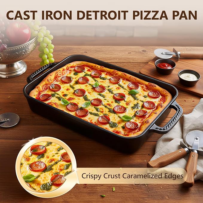 Cast Iron Detroit Pizza Pan - 9x13 Inch Pre-Seasoned Deep Baking Dish for Casserole, Focaccia, Lasagna