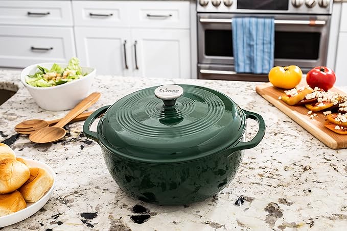 Lodge 6 Quart Enameled Cast Iron Dutch Oven with Lid ??Dual Handles ??Oven Safe up to 500째 F or on Stovetop - Use to Marinate, Cook, Bake, Refrigerate and Serve ??Evergreen