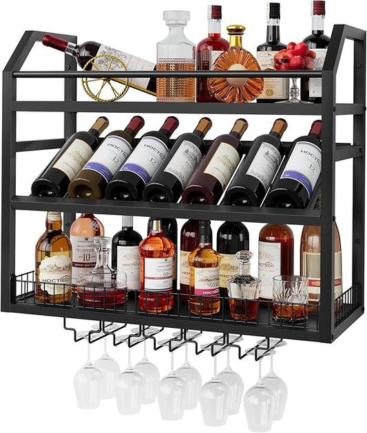 Hoctieon Wall Mount Wine Rack, Wall Mounted Wine Bottle Rack for Display and Storage, Hanging Bottle Holder, for Living Room, Dining Room, Bar, Wine Cellar, Black