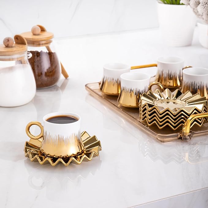Turkish Coffee Cup Set of 6 with Saucers & Tray - Luxury Arabic Greek Japanese Marble Ceramic Tea Cups for Espresso Cappuccino Latte Mocha, Ideal Gift - 3.5oz,- White