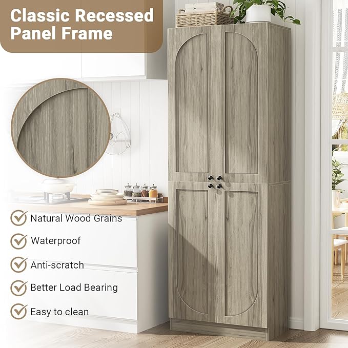 Cyclysio 80" Kitchen Pantry, Extra Tall Arch Storage Cabinet with 4 Doors and Adjustable Shelves, Freestanding Wood Cupboard with Seamless Fit Wall for Dining Living Room Bathroom Furniture (Ash Grey)