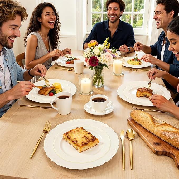 U-QE 100 Pieces Ivory Plastic Plates for Party - Ivory Disposable Plastic Plates - Heavy Duty Disposable Platos Including 50 Dinner 10 '' & 50 Dessert 7.5 '' for Valentine's Day