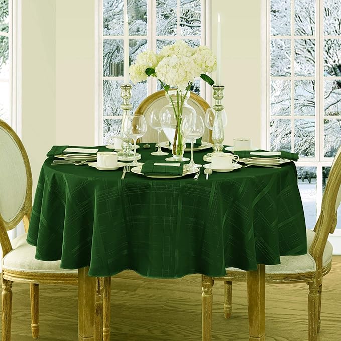 Newbridge 60 x 84 Inch Oval Fabric Tablecloth, Elegance Plaid, 100% Polyester, No Iron Soil Resistant Dining Room, Party and Banquet Table Cover, Solid Textured, Hunter Green