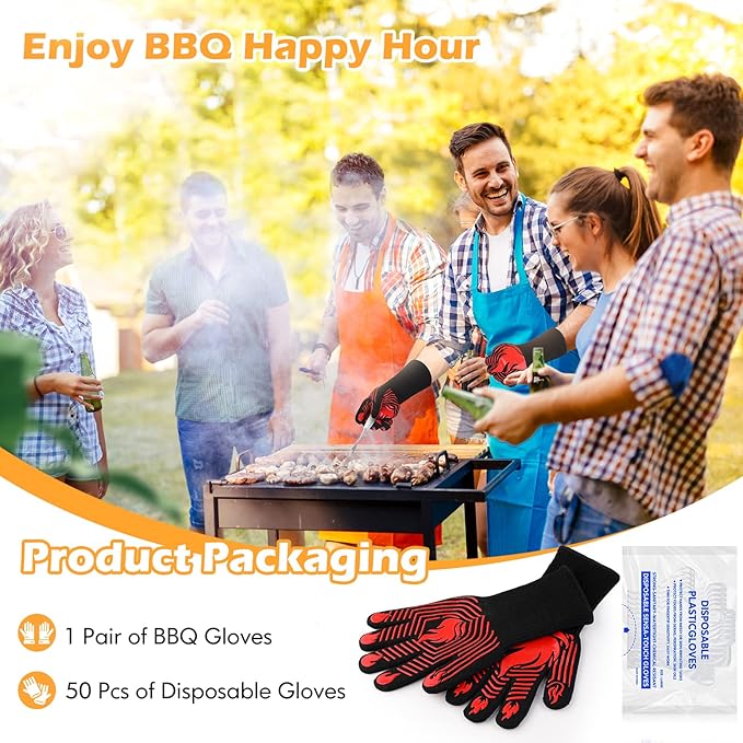 BBQ Gloves, 1472째F Heat Resistant Gloves Fireproof Mitts, Grilling Gloves Silicone Non-Slip Washable Oven Glove, Kitchen Glove for Barbecue, Grilling, Cooking, Baking, Camping, Smoker (Red)