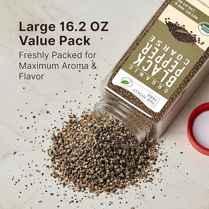 Organic Black Pepper Coarse - 16.2 oz Glass Jar - USDA Certified Organic, Non-GMO, Kosher & Gluten-Free - Premium Coarsely Ground Black Pepper for Cooking, Seasoning & Finishing - The Holly Tree