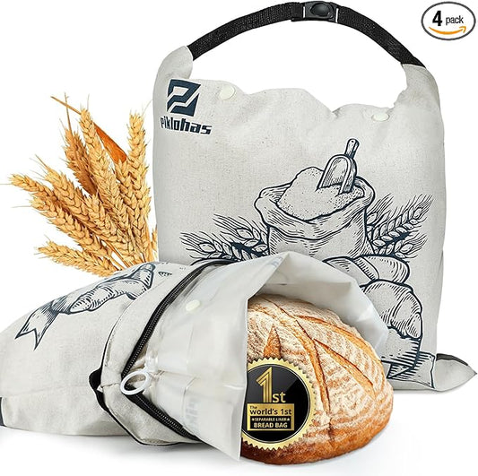 Sour Dough Bread Bags, 2 Sets Detachable Bread Storage for Homemade Sourdough, Reusable Linen Food Storage with Lining & Triple Lock for Fresh Keeping, BPA Free, Christmas Bread Maker Gifts