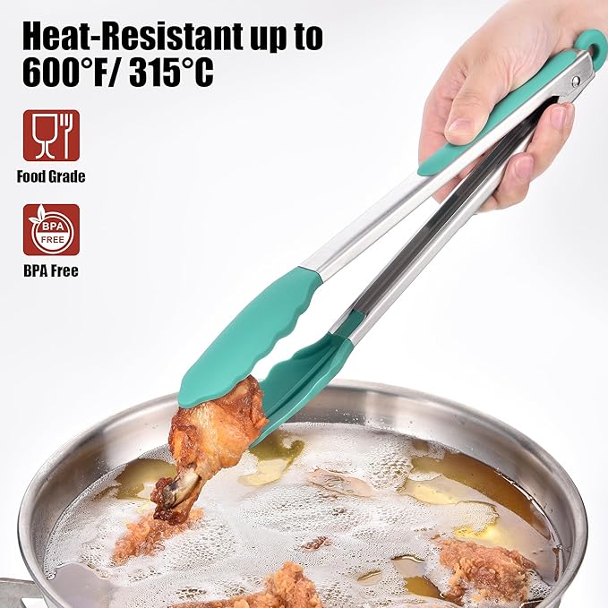 Doosu Kitchen Tongs for Cooking - 600째F Heat Resistant Food Tong with Non-Scratch Silicone Tips, Heavy Duty Stainless Steel Locking Tong for BBQ, Grilling Steak, Serving Salad, Pasta (12in, Aqua Sky)