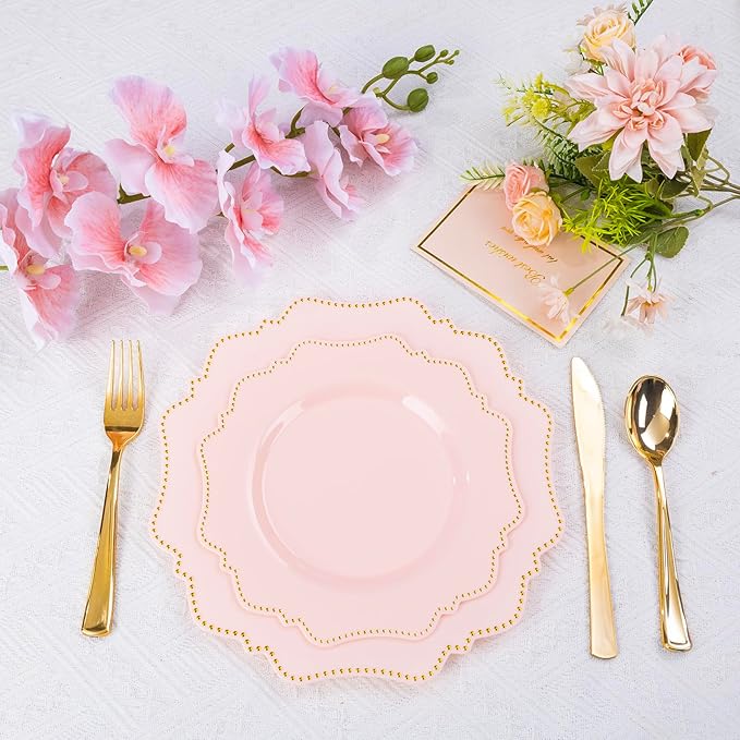COLOSUS 60pcs Disposable Plastic Plates Set, Gold Pink Party Plates, 30pcs Dinner Plates and 30pcs Salad/Dessert Plates for Wedding, Party, Anniversary, Daily Use