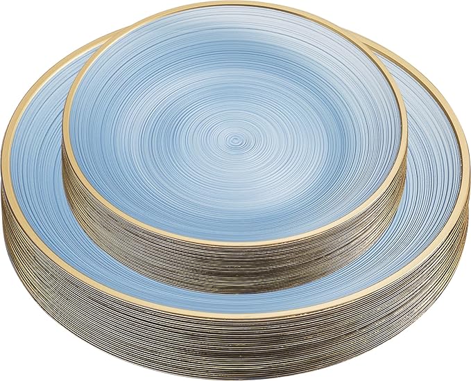 PLASTICPRO 64 Pieces Crystal Design Plastic Plates Combo Pack 7 inch and 10 inch Gold Rim Elegant Disposable Plates, Transparent Blue