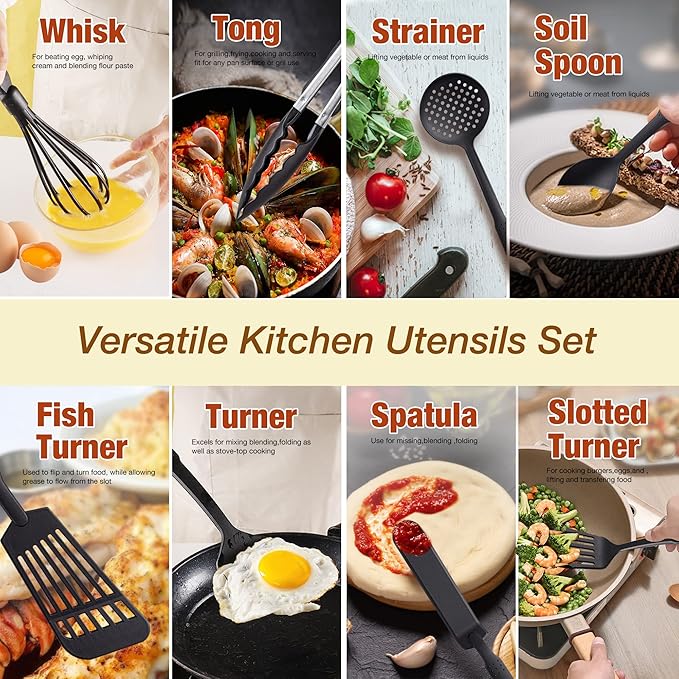 TJ POP Kitchen Utensils Set of 11 Pcs, Nylon Utensils Set, Non-Stick Cooking Utensils Set 410째F Heat Resistant, Kitchen Gadgets Accessories Tools for Cookware (BPA Free)