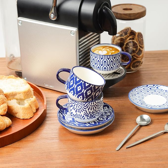 Selamica Ceramic Espresso Cups with Saucers and Metal Stand, 4 OZ Stackable Cappuccino Cups, Demitasse Cups for Latte Coffee Caf챕 Mocha Tea, Set of 4, Vintage Blue