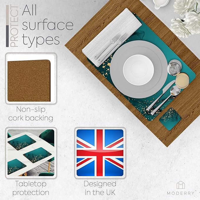 Moderry Set of 4 Heat Resistant Cork Placemats for Dining Table with Free Set of 4 Matching Drink Coasters Deep Green and Gold Design 16 x 12 Inches Cork Backed Hard Placemats (Green Serenity)