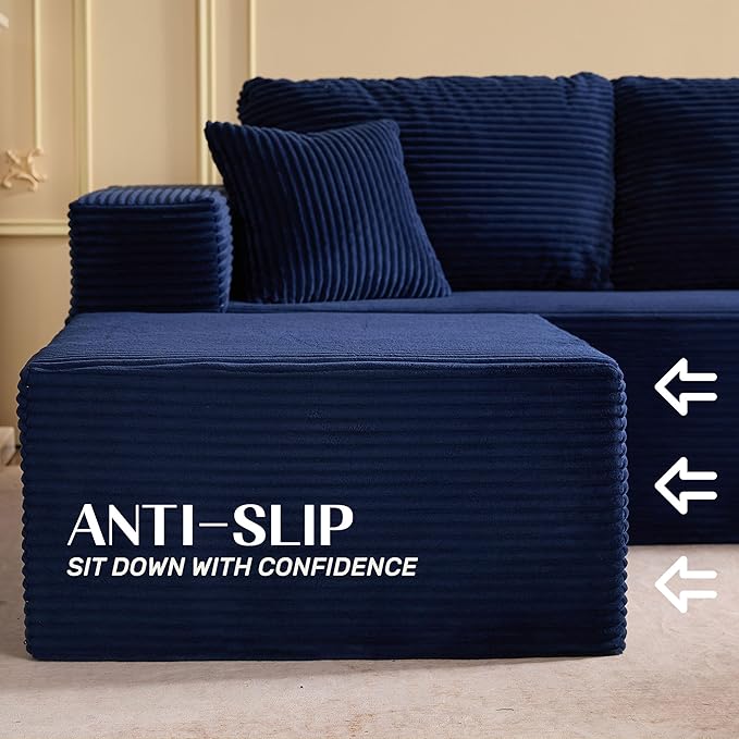 138" Boneless Couch with Deep Seat, Modular Sectional Sofa, Cloud Sectional Couch for Living Room, No Assembly Required, Corduroy, U-Shape 4 Seater Left, Blue
