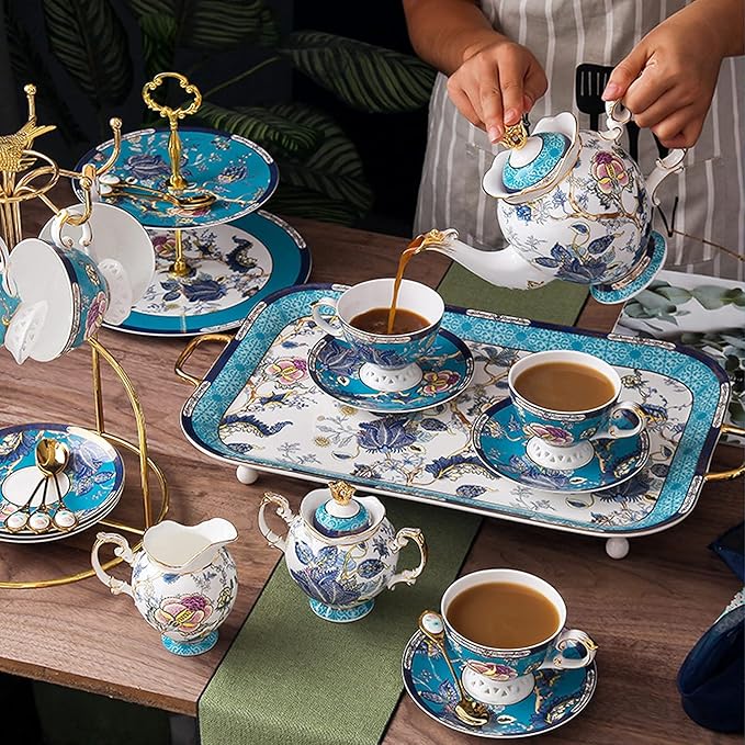 ACMLIFE Tea Sets for Adults for 6 - Tea Pot Sets with Cups Blue, Tea Sets for Women Tea Party, Fine Bone China 24K Gold, Vintage British English Porcelain Afternoon Service Sets for Luxury Gift