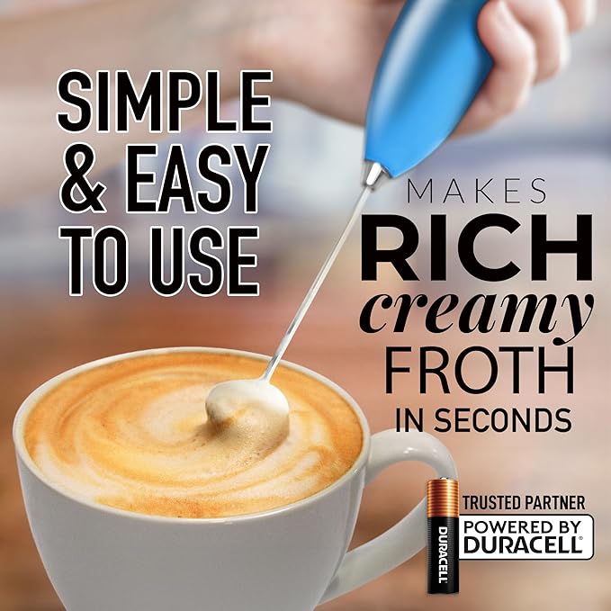 Zulay Kitchen Milk Frother Handheld Electric Whisk with AA Duracell Batteries ??Durable Drink Mixer for Coffee, Lattes, Cappuccinos & More - Metallic Blue
