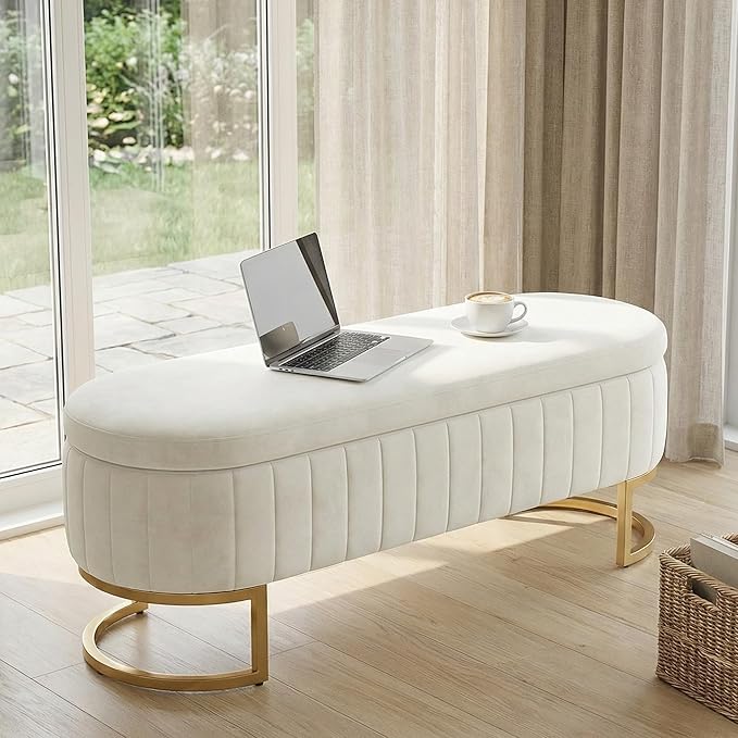 VIROL 65 Inch Storage Ottoman Bench Velvet End of Bed Storage Bench King Size Upholstered Tufted Bench Large Space for Bedroom Living Room Entryway Beige