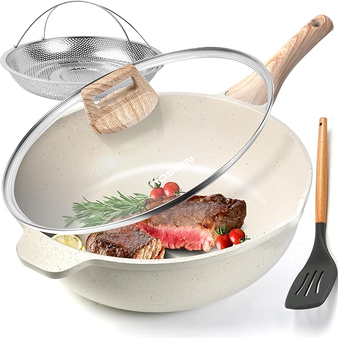AOSION 11 Inch Nonstick Ceramic Deep Frying Pan Skille with Lid,5QT Saut챕 Pan for Cooking with Steam Rack,Healthy Large Skillet,Stay Cool Handle, Induction Compatible, PFOA & PFAS Free.(WHITE)